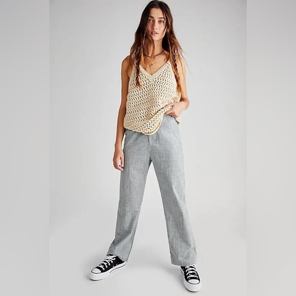 Free People Kate Plaid Gingham Straight Leg Pants Green NWT - Picture 1 of 13